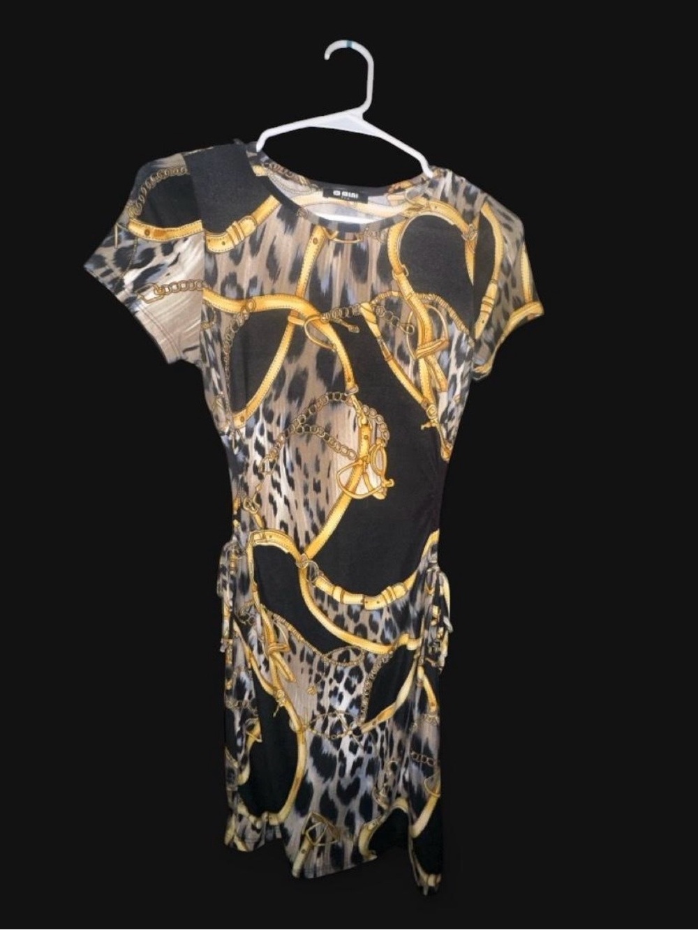 Short Sleeve Midi Dress with Gold Chain & Leopard Print - Black & Gold